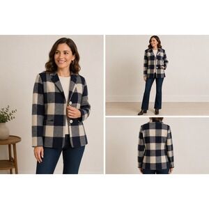 Splendid Wool Blend‎ Buffalo Check Blazer Jacket Pockets Navy Cream Large